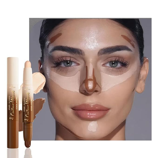 Dual-Ended 2-in-1 Cream Contour & Highlighter Stick Makeup For Face & Body – Waterproof, Long-Lasting, Suitable for All Skin Tones, 02#Nude + Light Beige
