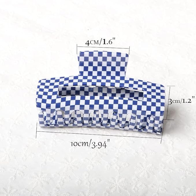 Vintage Checkered Cellulose Acetate Hair Claw Clips for Women and Girls, Pack of 1 - Nonslip Banana Clamp (Blue, L)