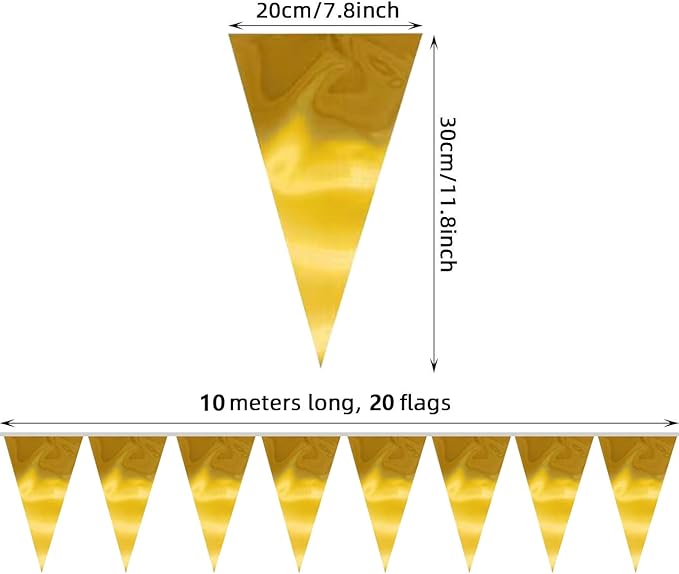 20M/65FT Gold Triangle Pennant Banner Flag Metallic Fabric Bunting Garland for Christmas Graduation Wedding Engagement Anniversary Bachelorette Birthday Bridal Shower Valentines Hen Party Supplies