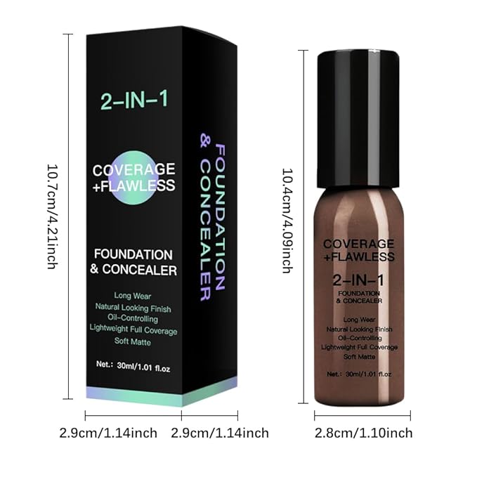 2 in 1 Foundation Concealer, Lightweight Creamy Long Lasting Face Makeup for Combination Oily Skin, Conceals Dark Circles Under Eyes Dark Spots and Blemishes, Vegan Cruelty-Free, Deep
