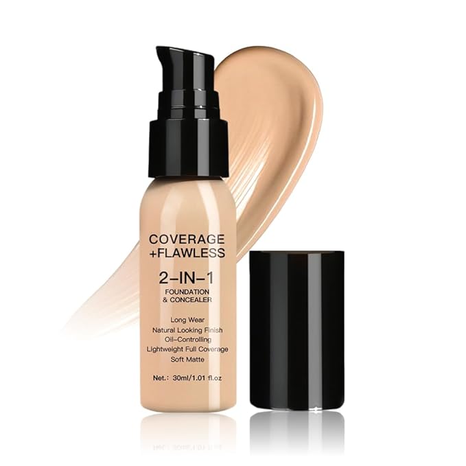 2 in 1 Foundation Concealer, Lightweight Creamy Long Lasting Face Makeup for Combination Oily Skin, Conceals Dark Circles Under Eyes Dark Spots and Blemishes, Vegan Cruelty-Free,Light Medium