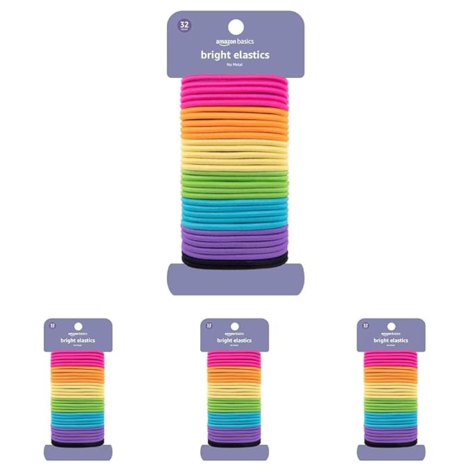 Amazon Basics Pony Tail Hair Ties - Bright 4 MM Elastics for All Types, 32 Count (Pack of 4)