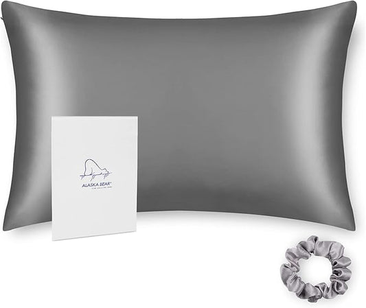 ALASKA BEAR Silk Pillowcase Men Women Beauty Anti Face Wrinkle Pillow Slip Case Real Mulberry Silk Queen Size with Zipper Closure (1pc, Iron Grey)