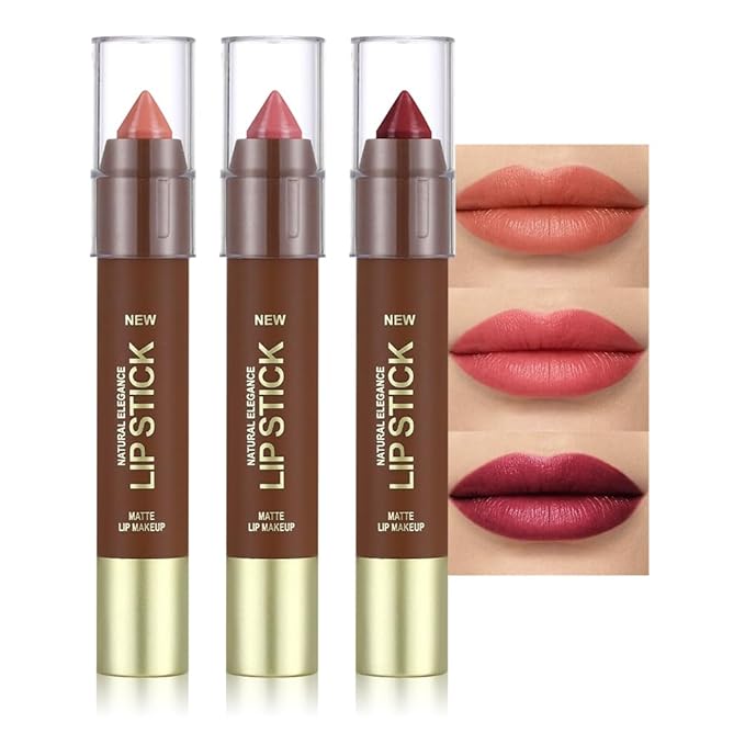 3Pcs Matte Lipstick Crayon Set for Women, 24 Hour Lipstick Lip Liner Pencil, Neutral Lip Stick Lipliner Long Lasting Waterproof Smudge Proof, Vegan & Cruelty-Free, 02+04+06
