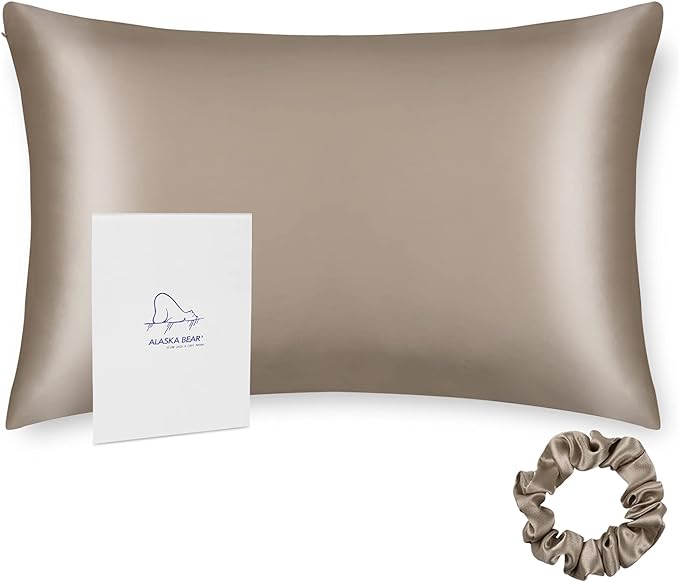 ALASKA BEAR Silk Pillowcase for Hair and Skin, 100% Mulberry Silk Pillow Cases Queen Size for Bliss Sleep with Random Color Scrunchy Gift Set Better Than Poly Satin, 1pc,Taupe