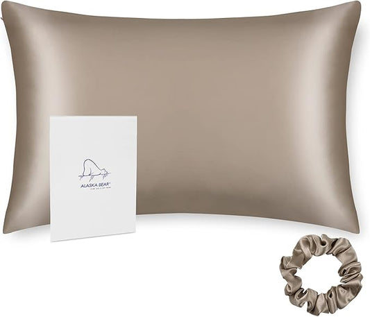 ALASKA BEAR Natural Silk Pillowcase, Hypoallergenic, 19 Momme, 600 Thread Count 100 Percent Mulberry Silk, Standard (1pc, Taupe Tan)
