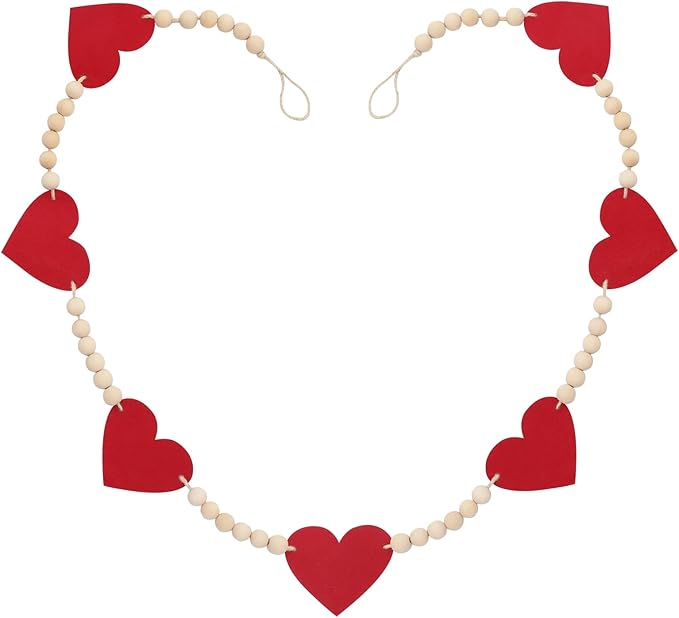 Valentine's Day Heart Decorations, Felt Hearts Wood Bead Garland Banner for Valentine's Day Decor