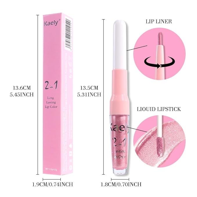 Kaely 2-in-1 Nude Pink Metallic Lipstick and Lip Liner, Shimmer Liquid Metallic Lipsticks for Women, Glitter Lip Gloss Stain Long Lasting Waterproof Smudge Proof 24 Hour, Vegan Makeup, 19