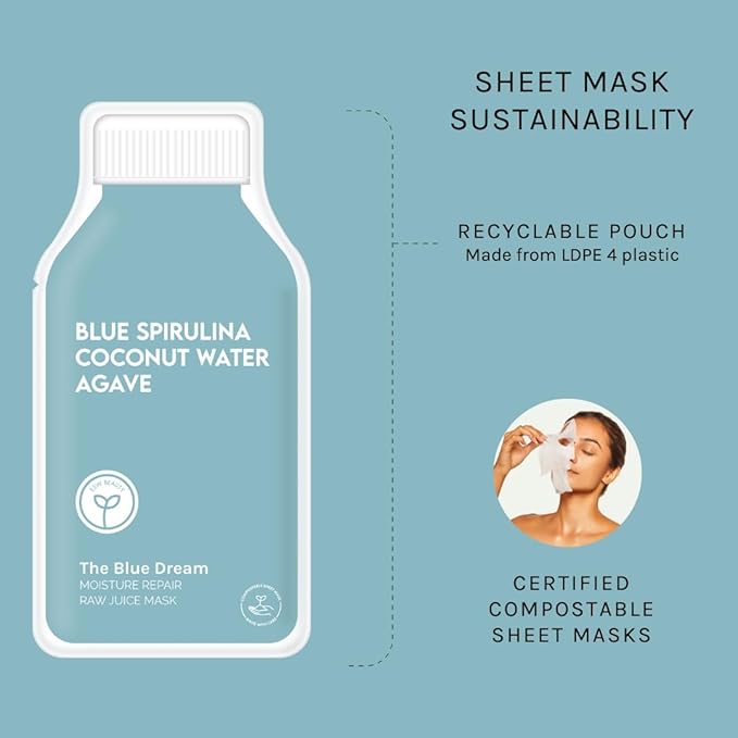 ESW Beauty The Blue Dream - Moisture Repair Raw Juice Face Mask (6-Pack) - Hydrating with Blue Spirulina, Coconut Water & Agave for Dry, Sensitive Skin - Replenishes & Fights Aging