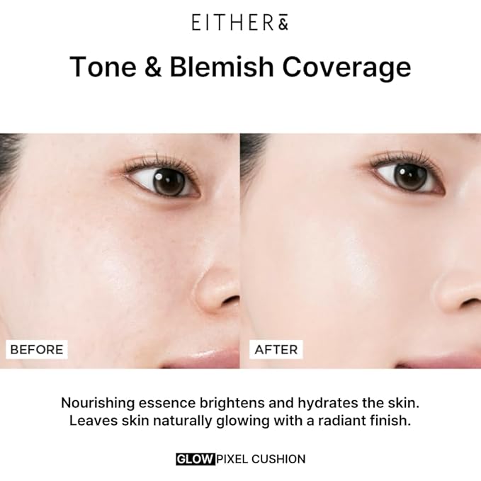 EITHER& Glow Pixel Cushion Foundation, Glowy Skincare, Korean Makeup, Natural Coverage, Moisturizing, Lightweight, Long Lasting Coverage for Flawless Skin (25.5P Tan)