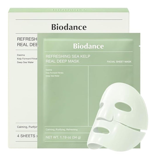 BIODANCE Refreshing Sea kelp Real Deep Mask, Overnight Hydrogel Mask, Calming, Oil & Sebum Control, Blemish Care, Korean Skincare, Stocking Stuffers for Teen Girls | 1.19oz(34g) x 4ea