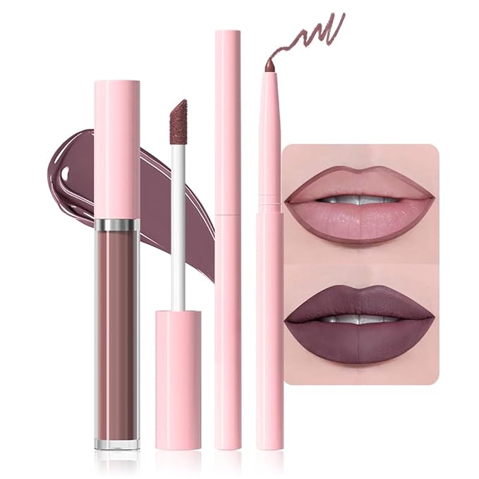 AMY'S DIARY 2pcs Matte Dark Red Lip Liner & Lipstick Makeup Set, Liquid Lipstick 24H and Lip Liner Set Matt Liquid Lips Make Up Waterproof Long Lasting (10#, 2 Pcs Set)