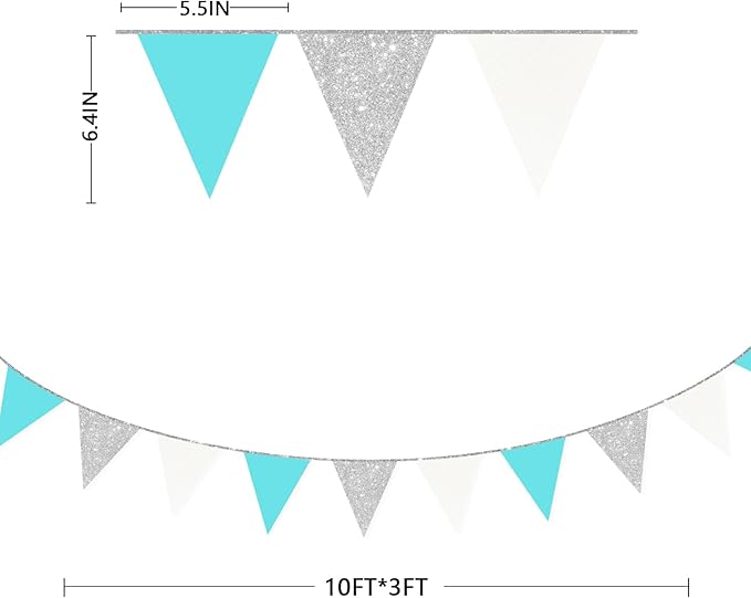 Teal Blue and Silver White Pennant Banner Flag Hanging Glitter Paper Triangle Bunting for Birthday Baby Shower Graduation Bridal Shower Wedding Engagement Turquoise Aqua Party Decorations Supplies