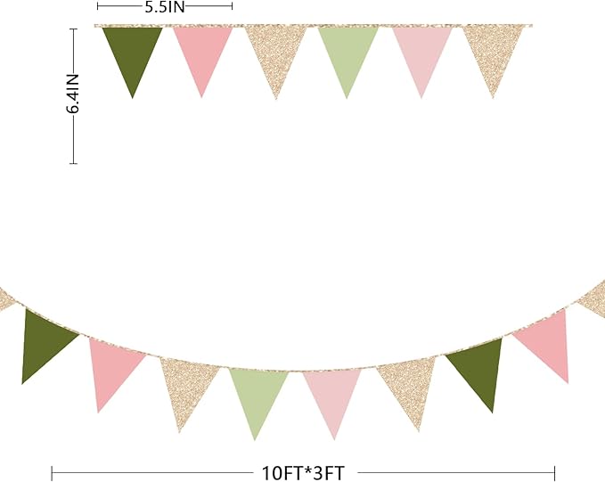 Sage Green Dusty Rose Pink Champagne Gold Pennant Banner Flag Hanging Glitter Paper Triangle Bunting for Girls Wild One Jungle Safari Woodland Themed Birthday Baby Shower Wedding Party Decorations