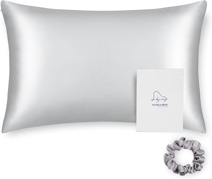 ALASKA BEAR 100% Pure Mulberry Silk Pillowcase for Curly Hair Wife Women Mother Her Grandma Pillow Slip Machine Washable Queen 20"x30" (1 Pack, Silver)