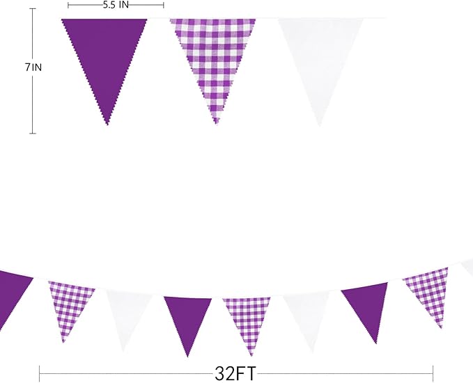 32Ft Purple Party Decorations Purple Buffalo Plaid Checkered White Triangle Flag Gingham Pennant Banner Fabric Garland for Wedding Birthday Picnic BBQ Outdoor Lavender Mermaid Party Decor Supplies