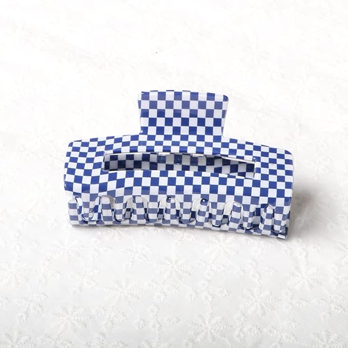 Vintage Checkered Cellulose Acetate Hair Claw Clips for Women and Girls, Pack of 1 - Nonslip Banana Clamp (Blue, L)