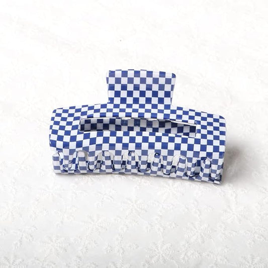 Vintage Checkered Cellulose Acetate Hair Claw Clips for Women and Girls, Pack of 1 - Nonslip Banana Clamp (Blue, L)