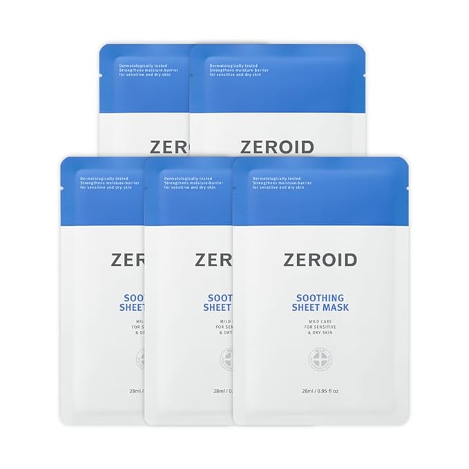 ZEROID | Soothing Sheet Mask | Face Masks Skincare for Sensitive and Dry Skin | Korean Face Mask with Hyaluronic Acid & Ceramide | Hydration & Skin Barrier Enhancement | Pure Cotton Sheet | 5 Sheets