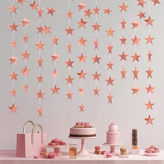 Rose Gold Shining Star Hanging Garland Rose Gold Hanging Sparkling Star Streamer Glitter Bunting Banner Twinkle Backdrop for Wedding Baby Shower Birthday Christmas Decorations 40 Feet