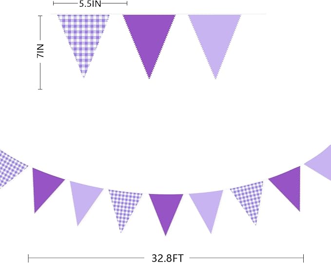 32Ft Purple Party Decorations Purple Gingham Triangle Flag Plaid Checkered Pennant Banner Fabric Garland Streamers for Lavender Mermaid Birthday Baby Shower Picnic BBQ Outdoor Tea Party Decor Supplies