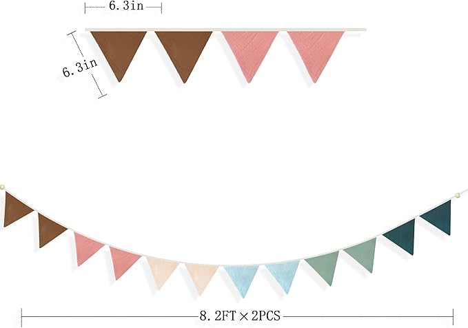 2 Sets of Brown Pink Blue Green Nursery Garland 24pcs Rainbow Linen Fabric Baby Banner Triangle Pennant Flags Streamers for Kids Birthday Boho Baby Shower Party Decorations Baby Bedroom Nursery Decor