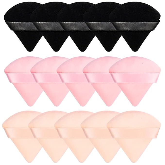 Pimoys 15 Pieces Powder Puff Face Soft Triangle Makeup Velour Puff, Beauty Sponge for Loose Powder and Cosmetic Foundation, Blender Makeup Tool (Black, Pink, Flesh)