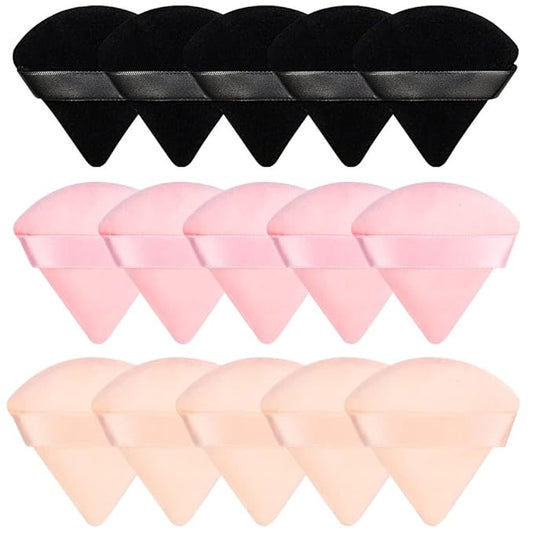 Pimoys 15 Pieces Powder Puff Face Soft Triangle Makeup Velour Puff, Beauty Sponge for Loose Powder and Cosmetic Foundation, Blender Makeup Tool (Black, Pink, Flesh)