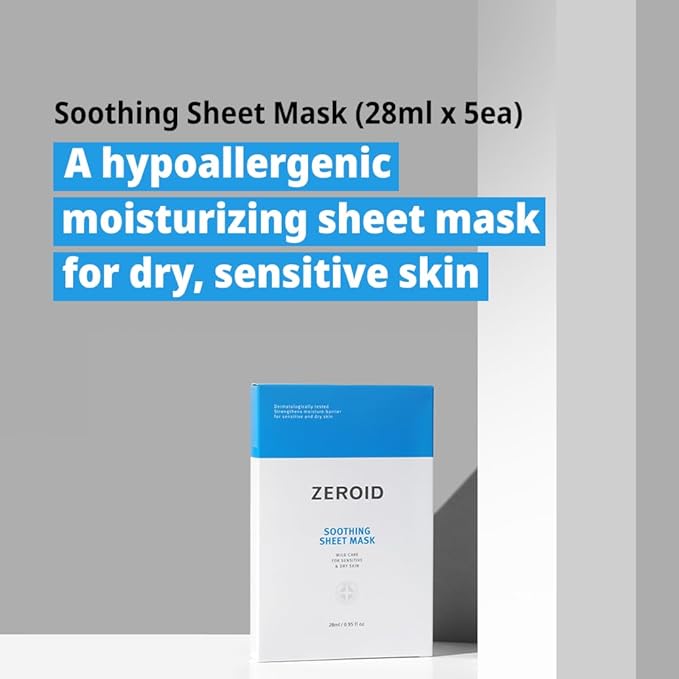 ZEROID | Soothing Sheet Mask | Face Masks Skincare for Sensitive and Dry Skin | Korean Face Mask with Hyaluronic Acid & Ceramide | Hydration & Skin Barrier Enhancement | Pure Cotton Sheet | 5 Sheets