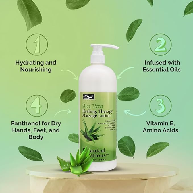 PRO NAIL - Healing Therapy Massage Lotion - Professional Pedicure, Body and Hot Oil Manicure, Infused with Natural Oils, Vitamins, Panthenol and Amino Acids (Aloe Vera, 32 Ounce)