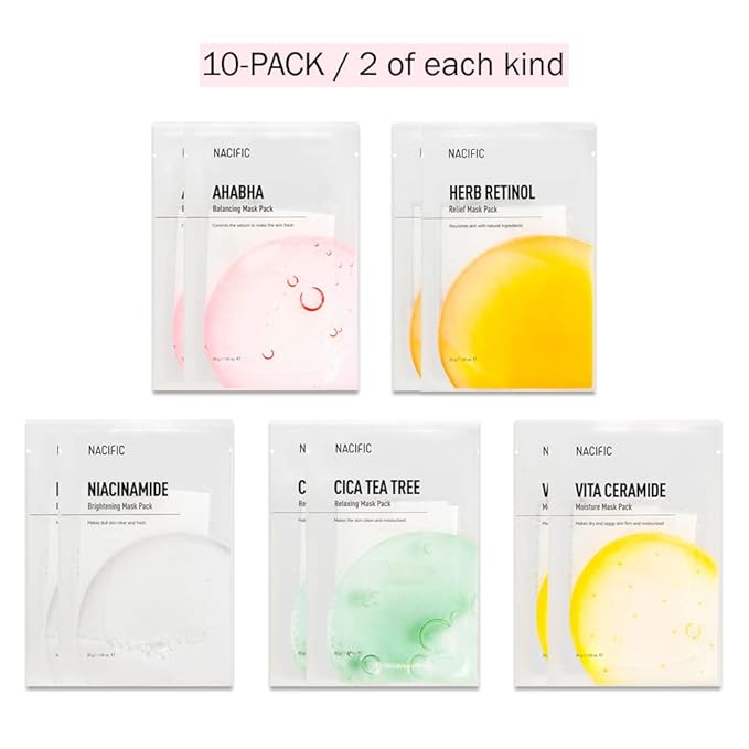 KOSBEAUTY NACIFIC Face Masks Skincare Korean – Premium 10-Sheet Variety Pack for Ultimate Skin Nourishment – Hyaluronic Acid, Ceramide & Vitamin-Infused for All Skin Types