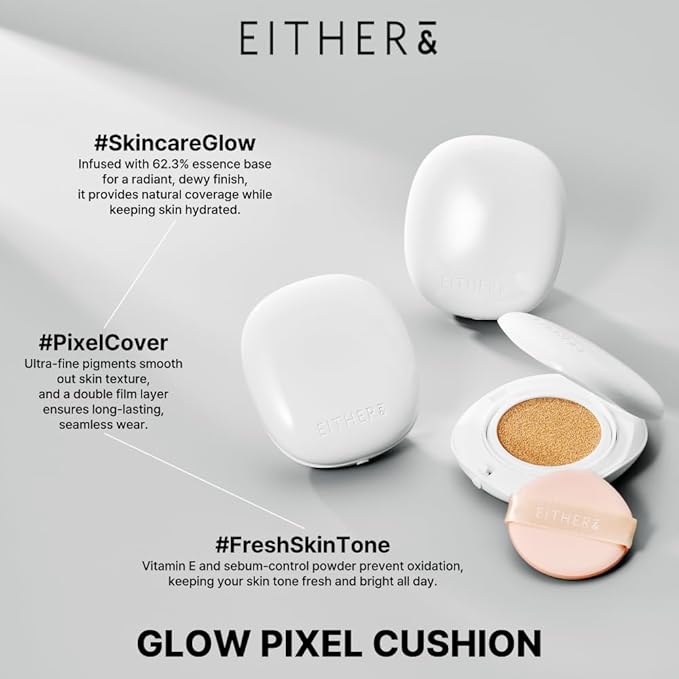 EITHER& Glow Pixel Cushion Foundation, Glowy Skincare, Korean Makeup, Natural Coverage, Moisturizing, Lightweight, Long Lasting Coverage for Flawless Skin (32N Caramel)