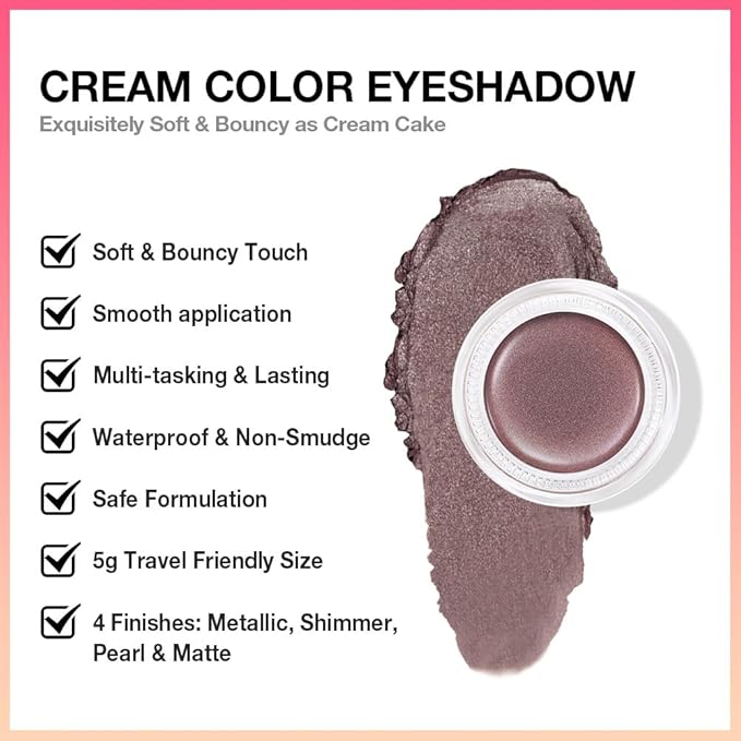 evpct Single Cream Eye Shadow Palette Pot Makeup for Older Women, Taupe Mauve Shimmer Glitter Metallic Monochrome Cream to Powder Eyeshadow Palette Eye Brightener, High Pigment Waterproof Blendable