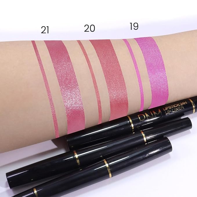 Kaely 2-in-1 Pink Metallic Shine Shimmer Lip Liner & Lipstick Combo Set Kit for Women, Lightweight Hydrating Formula High Impact Full Coverage Lipstick and Lip Liner Makeup Stains Gloss 19