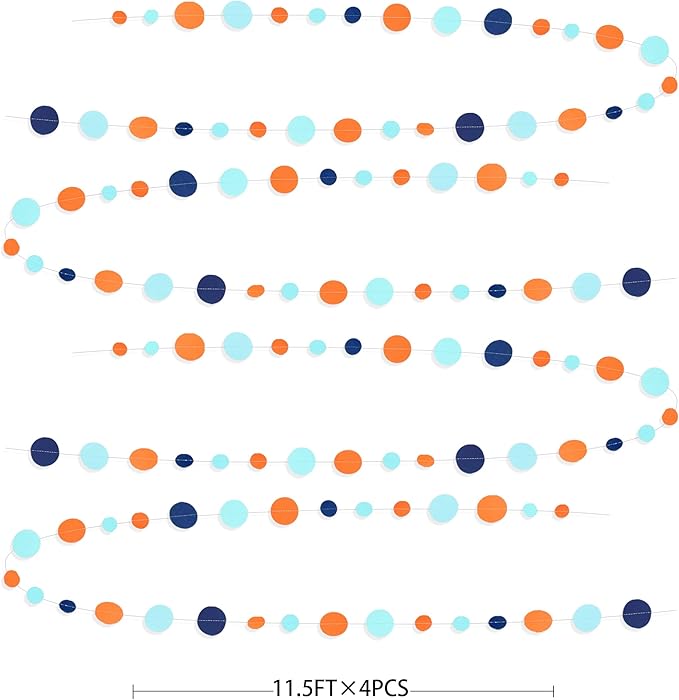 46 Ft Navy Blue Orange and Teal Circle Dots Garland Royal Blue Orange Aqua Polka Dot Hanging Paper Streamer for Birthday Wedding Bridal Baby Shower Outer Space Galaxy Theme Party Decorations Supplies