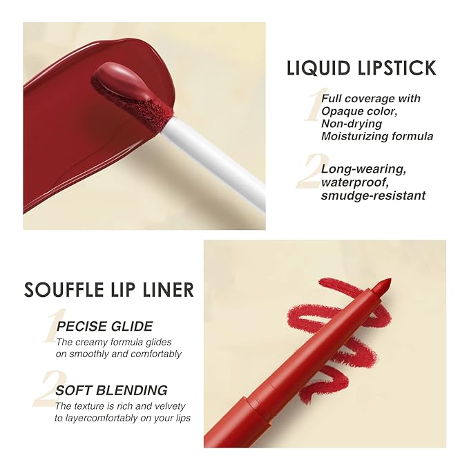 BestLand 6Pcs Matte Liquid Lipstick and Lip Liner Set, Non-Stick Cup Not Fade Waterproof 24 Hour Lip Gloss Nude Brown Lip Liner Pencil for Women, labiales mate 24 horas originales (Set D)
