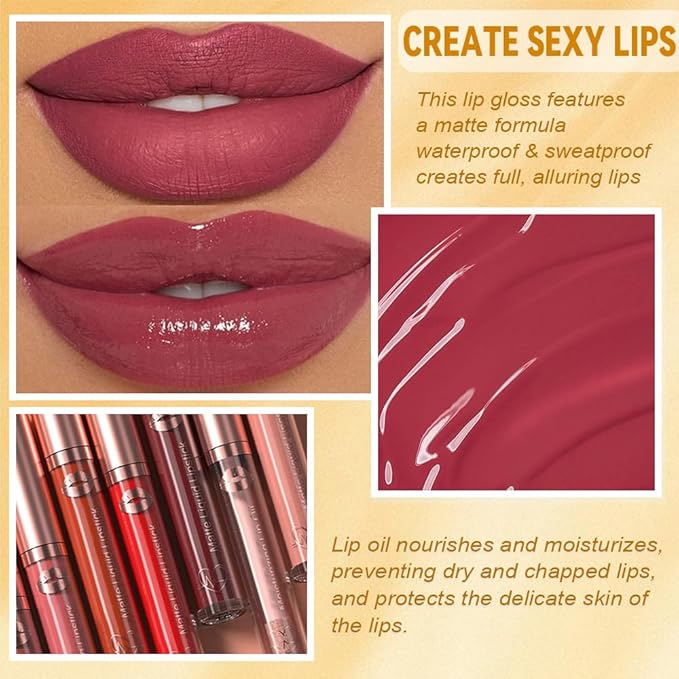 evpct 12Pcs Matte Liquid Lipsticks Set with Moisturize Lip Oil, Maroon Plum Mauve Orange Wine Deep Red Lipstick Long Lasting Waterproof, Non-stick Cup Lip Gloss Kit Pigmented 24 Hours Makeup for Women