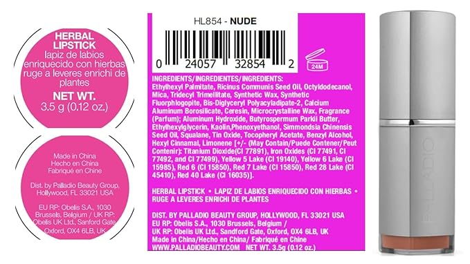 Palladio Herbal Lipstick, Rich Pigmented and Creamy, Infused with Aloe Vera, Chamomile & Ginseng, Prevents Lips from Drying, Combats Fine Lines, Long Lasting Lipstick, Nude