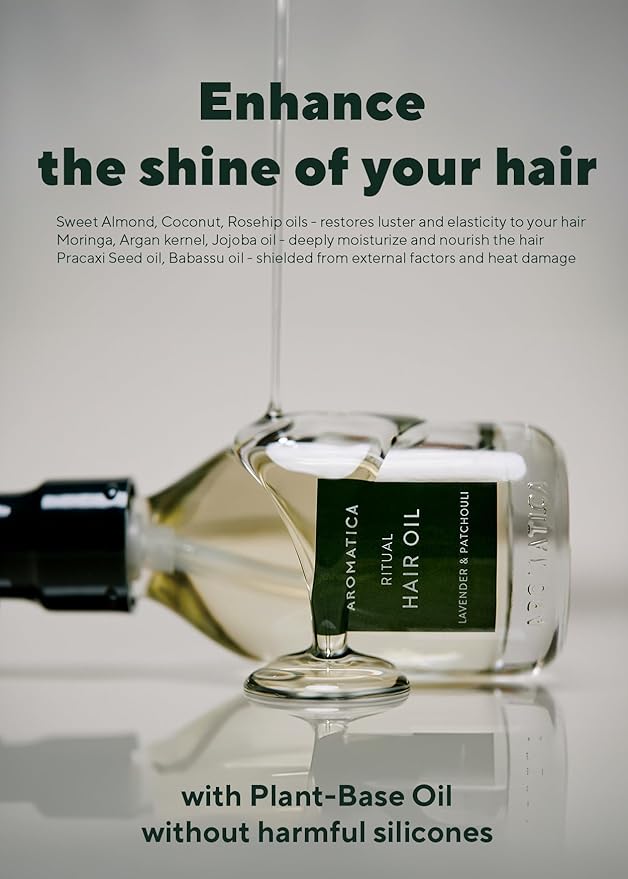 AROMATICA Ritual Lavender & Patchouli Hair Oil - Adds Shine and Smooths Split Ends - Blow Out Hair Serum for Damaged & Frizzy Hair - Nourishing for Dry Curly Hair - Silicone-Free (1.6 fl oz)