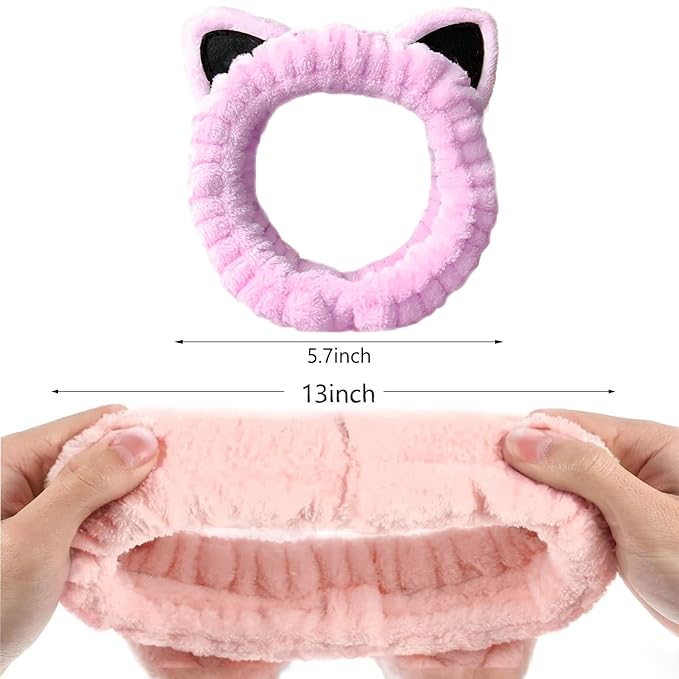 2 Pcs Cat Ears Headband, Cute Spa Headbands for Washing Face Skincare Makeup Headbands for Women Girls Trendy Stuff Present Soft Coral Fleece Hair Accessories(Pink Purple)