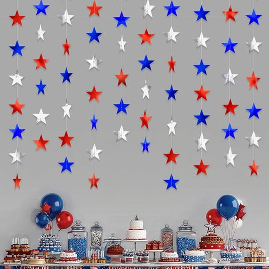 Red Silver and Blue Hanging Star Garland Patriotic Hanging Star Streamer Glitter Star Backdrop for 4th of July, Independence Day, Memorial Day, Veterans Day, Labor Day Decorations Decorations 40 Feet