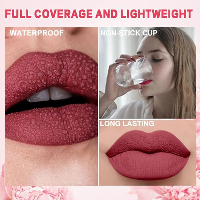 evpct 1Pcs Wine Red Matte Liquid Lipstick Lip Stain Sets for Women, Peony Flower Mauve Red Matte+Lipstick Long Lasting Permanent 24 hr Hours Magic Lipstick 24 Hours original Waterproof, 05#