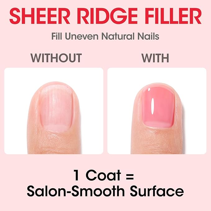 Gellen 4‑in‑1 Clear Nail Polish Base Coat Sheer Tinted Red, Ridge Filler, Nail Strengthener & Concealer, Calcium Formula Strengthens Nails, Natural Color Enhances Natural Look, No HEMA, Anti-yellowing