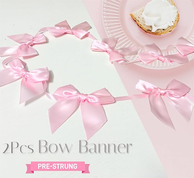 2pcs Bow Garland Banner, Ribbon Bow Party Decorations for Baby Shower Girls Bow Coquette Birthday Party Decor (Peach Pink+Pink)