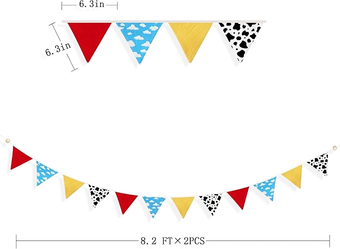 2 Sets of Cartoon Story Party Decorations Nursery Garland 24Pcs Red Blue Yellow Toy Themed Story Fabric Banner Cloud and Cow Print Triangle Pennant Flag Streamers for Kids Birthday Baby Shower Decor