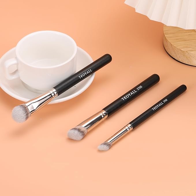 TEOYALL Contour Conceal Brush Set, 3PCS Angled Synthetic Under Eye Concealer Brush for Blending Setting Buffing with Liquid, Cream and Powder Cosmetic (270S/370S/Angled)