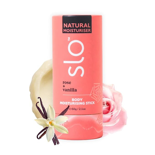 Slo Natural Moisturizing Stick | Body Balm for Dry Skin with Organic Ingredients | Hydrating + Nourishing | Coconut, Cocoa Butter & Antioxidants | Travel-Friendly | Rose + Vanilla | 2.11oz/60g