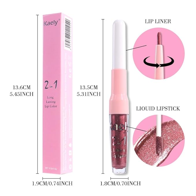 Kaely 2-in-1 Dark Wine Red Metallic Lipstick and Lip Liner, Shimmer Liquid Metallic Lipsticks for Women, Glitter Lip Gloss Stain Long Lasting Waterproof Smudge Proof 24 Hour, Vegan Makeup, 03
