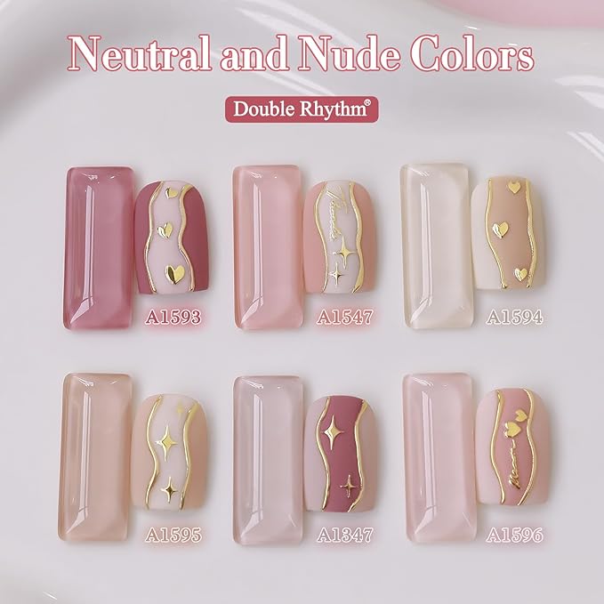 Double Rhythm 6 Pcs 15 ML Gel Polish Set Same Color Same Bottle Soak Off Gel Polish Kit Nail Art Manicure Salon DIY at Home for Women (Light Dark Nude Beige Cream Pink-T6-18)