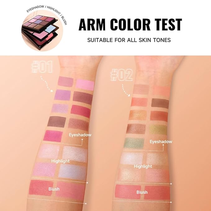 All-in-One Makeup Palette – 9 Color Matte & Pearlescent Eyeshadow, 4 Color Shimmer Highlighter, 2 Color Buildable Blush – Long Lasting, Blendable Face & Eye Makeup Kit (02#, 1 Count (Pack of 1))